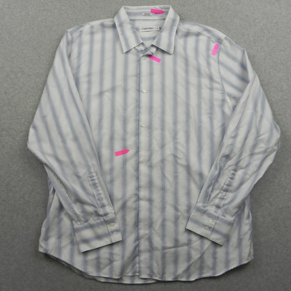 Calvin Klein Shirt Mens XL Business Dress Button White Blue Striped Long Sleeve